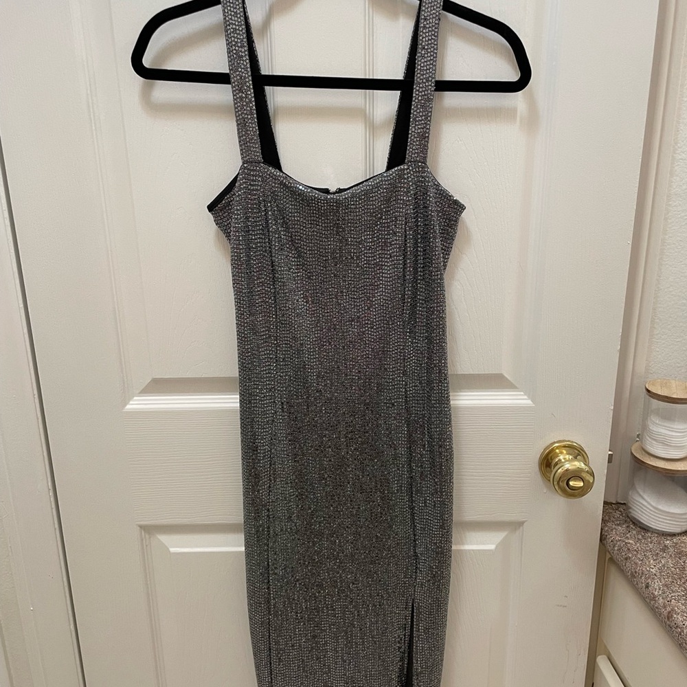 Forever 21 Silver Sequin Midi Dress with a slit on one side.